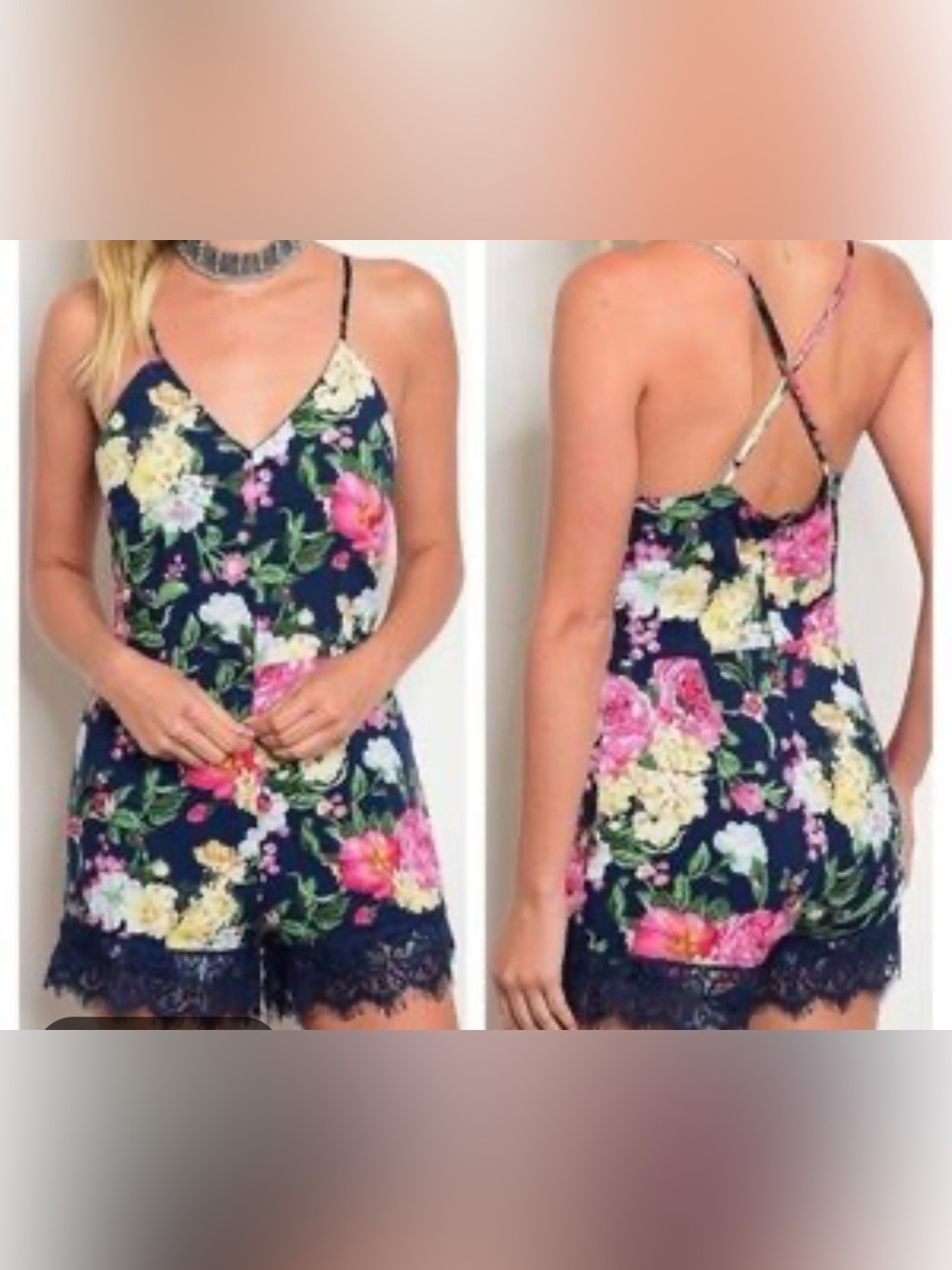 La Diosa Floral Navy Lace-Hem Romper with Cross-Back Straps NWT Size M